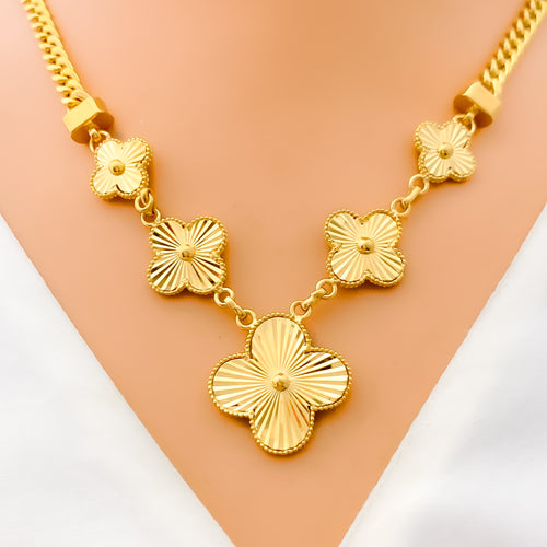 Stylish Cuban Linked 5-Piece 21k Gold Clover Necklace Set