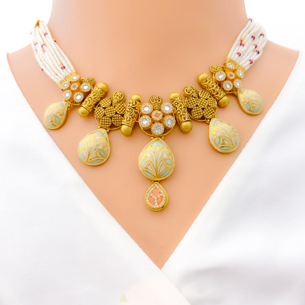 Unique Pastel Enameled 22k Gold Necklace Set Andaaz Jewelers