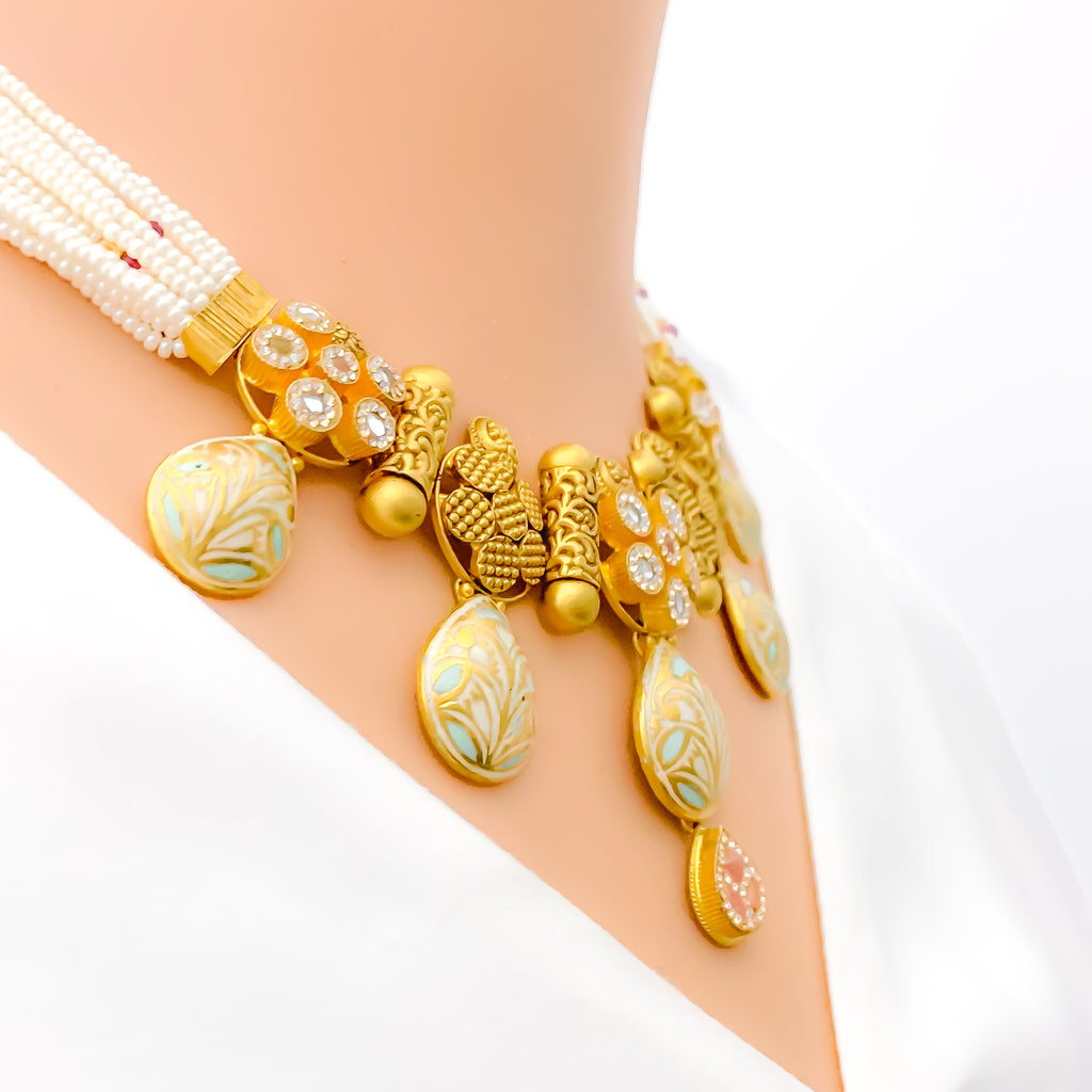 Unique Pastel Enameled 22k Gold Necklace Set Andaaz Jewelers