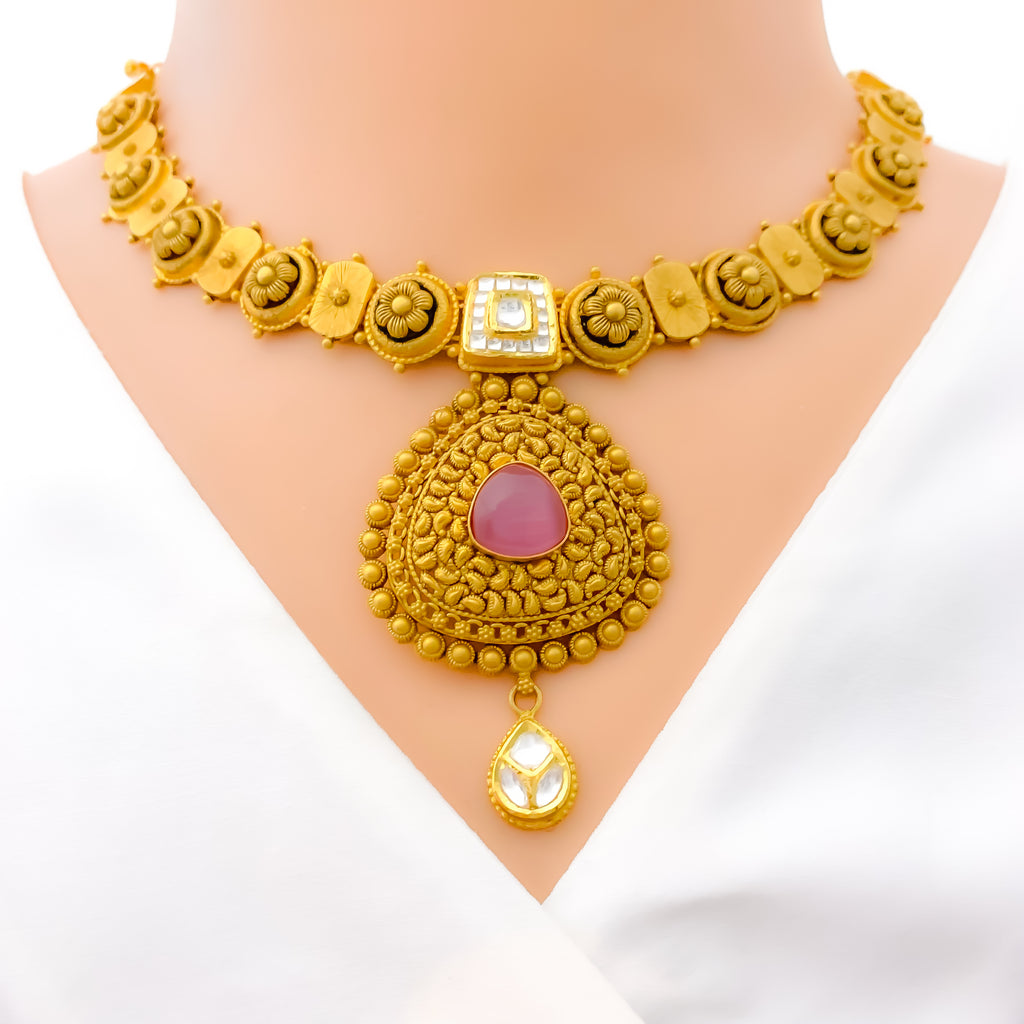 Antique Floral Drop 22k Gold Necklace Set – Andaaz Jewelers