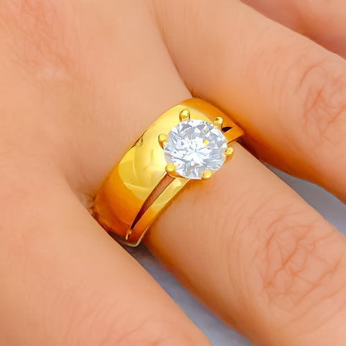 Glossy Twin Band 22k Gold CZ Ring w/ Solitaire