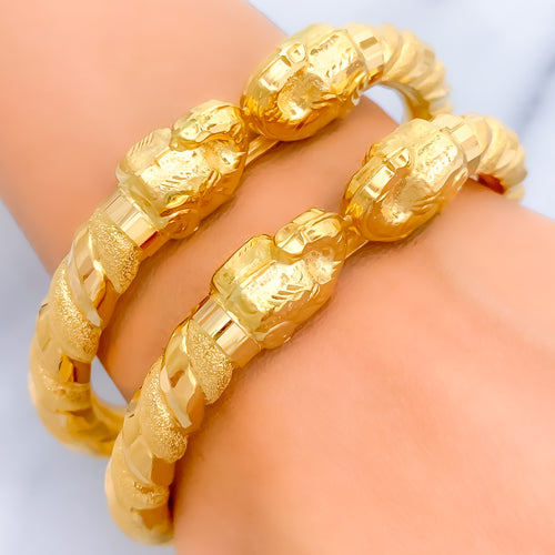 Dual Finished Elephant Faced 22k Gold Pipe Bangles 
