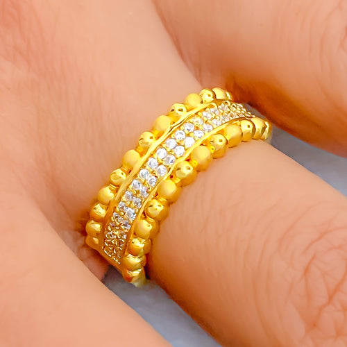 Elegant Lined Dual Finish 22k Gold CZ Ring 