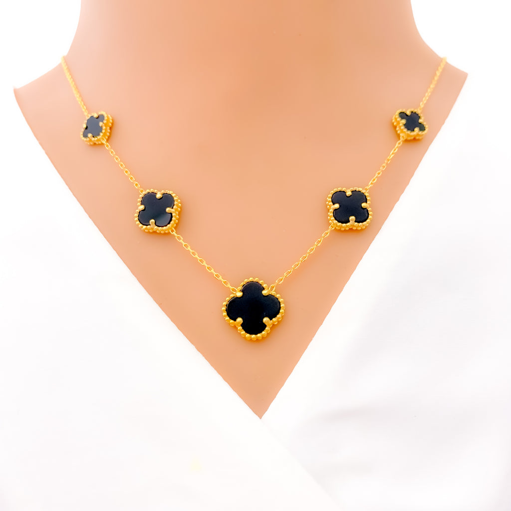 CLOVER 20 MOTIF ONYX 86CM GOLD NECKLACE