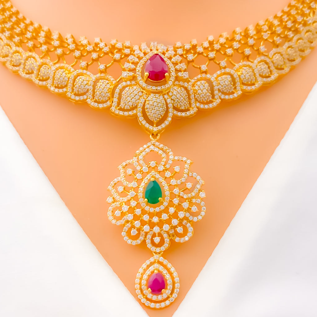 Royal Extravagant Floral 22k Gold CZ Necklace Set – Andaaz Jewelers