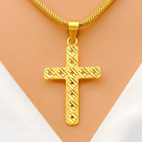 Reflective Square Adorned 22k Gold Cross Pendant 