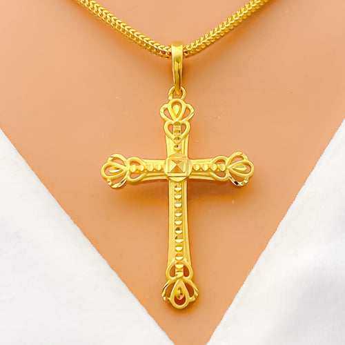 Flower Adorned 22k Gold Cross Pendant 