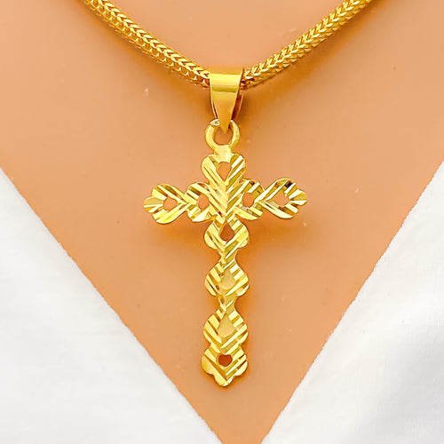 Shiny Striped 22k Gold Cross Pendant 