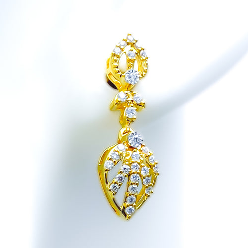 Ornate Striped Leaf Diamond + 18k Gold Hanging Earrings 