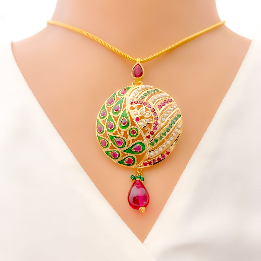 Majestic Peacock Feathered 22k Gold Pendant Set Andaaz Jewelers