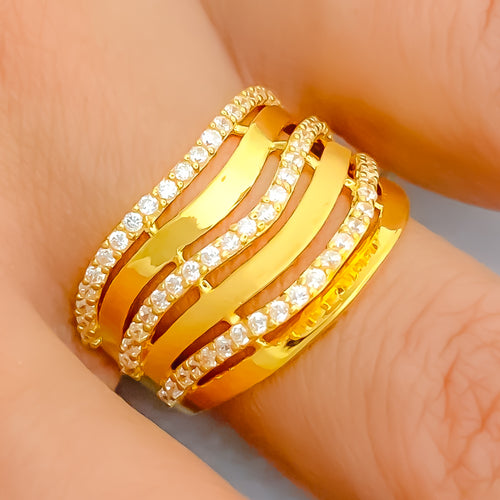 Alternating Striped 22k Gold CZ Statement Ring 