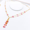 Fancy Two-Chain Pink CZ Drop 22k Gold Necklace Set w/ Bracelet