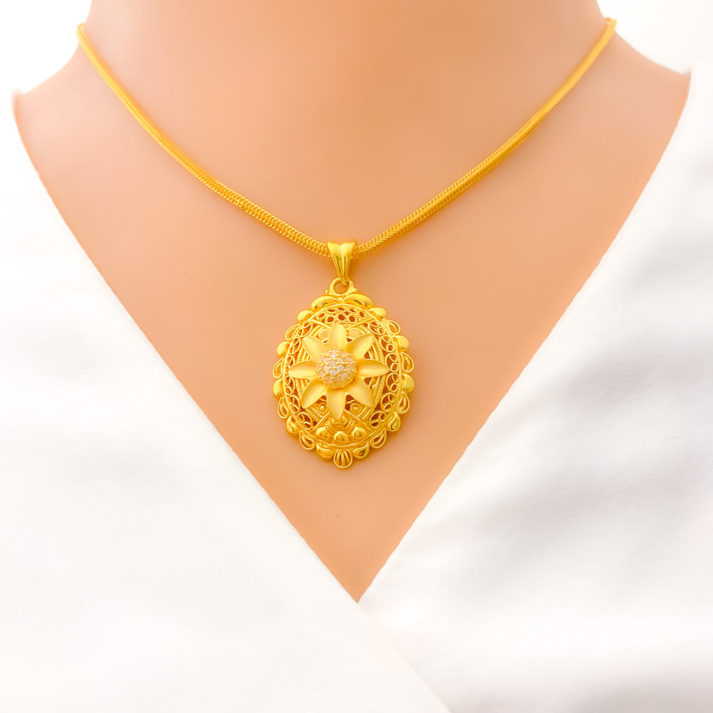 22K Yellow Gold Flower Pendant W/ Layered Faceted Design