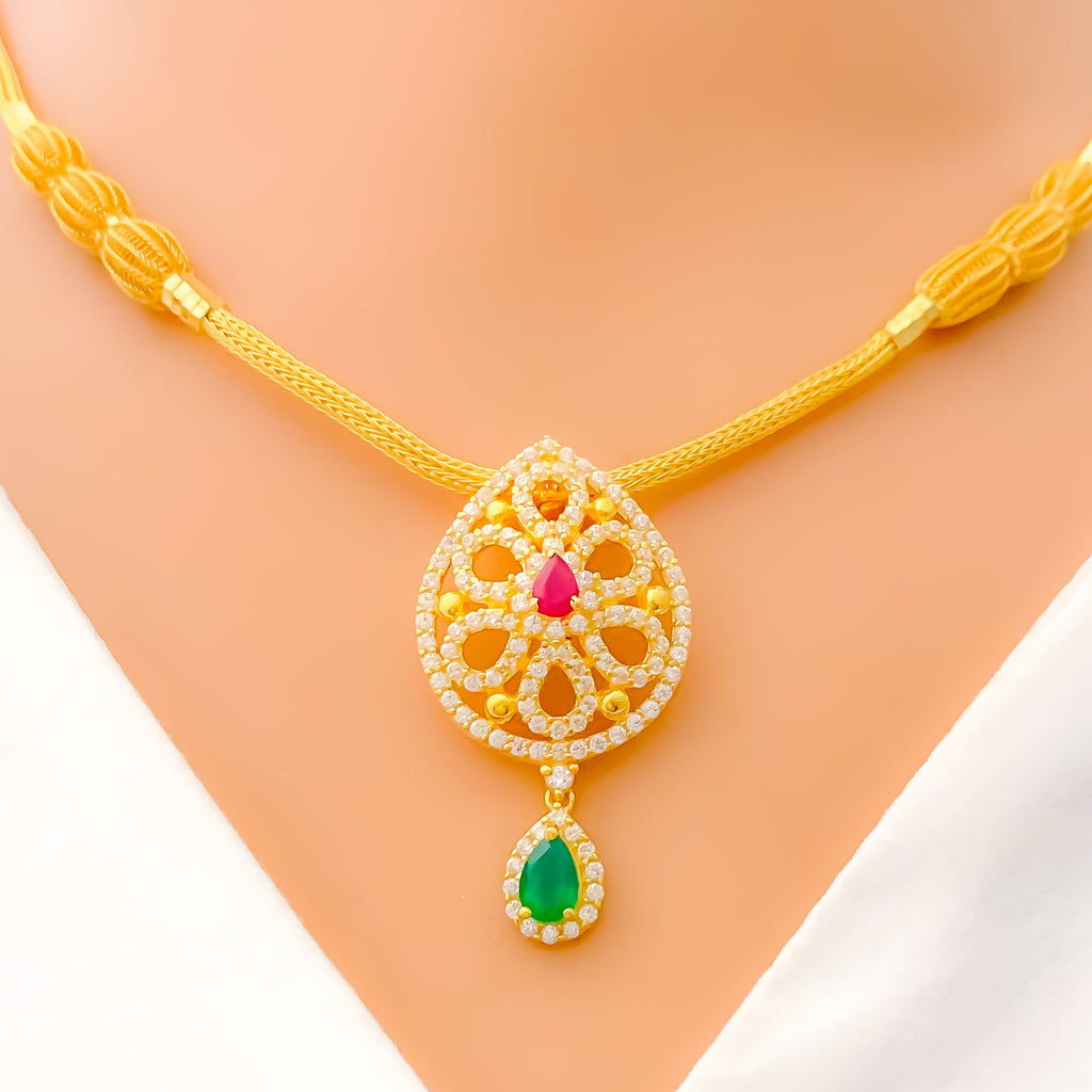 Radiant Open Drop Floral CZ 22k Gold Necklace Set – Andaaz Jewelers