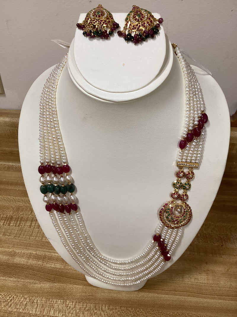 Unique Side Pattern 22k Gold Long Pearl Necklace Set
