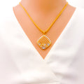 Two-Tone Floral Netted Cushion 22K Gold Pendant Set 