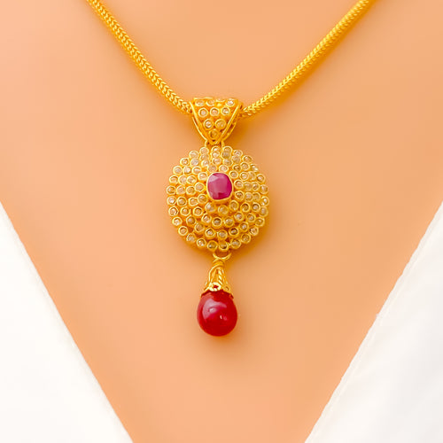 Ornamental Heirloom Ruby 22k Gold Polki Pendant Set 