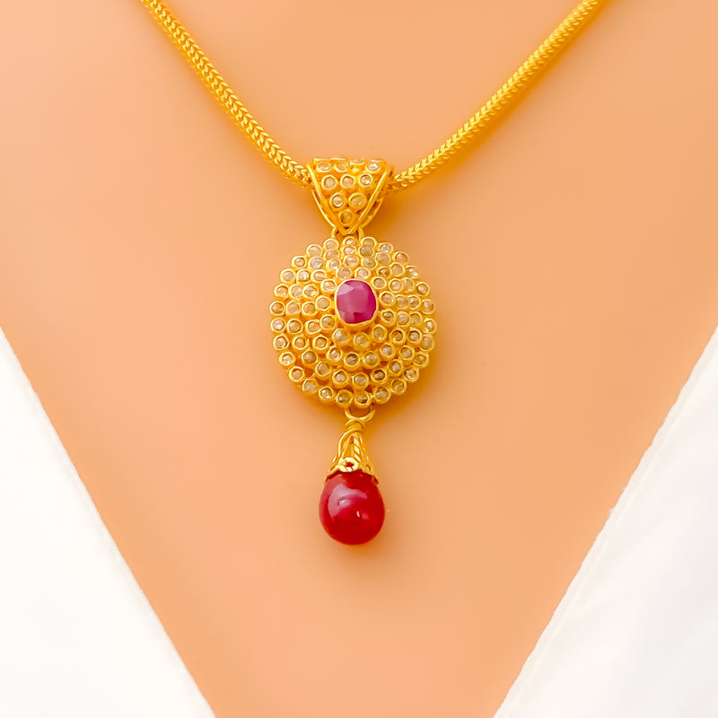 Ornamental Heirloom Ruby 22k Gold Polki Pendant Set 