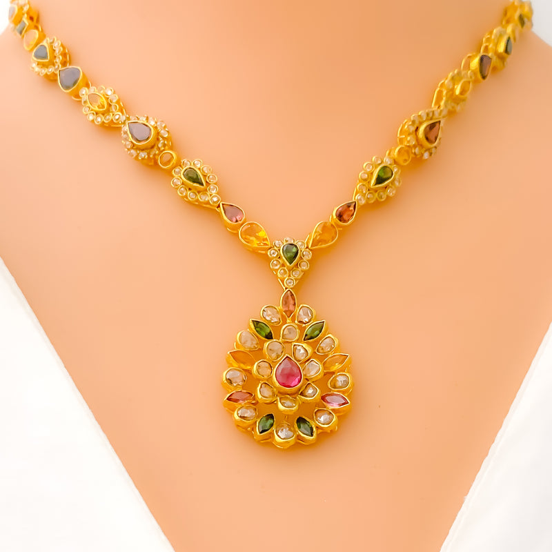 Priceless Evergreen Tourmaline 22k Gold Polki Necklace Set 