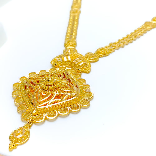 Reflective Netted Floral Long 22k Gold Necklace Set 