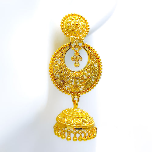 Intricate Dapper 22k Gold Chand Jhumki Earrings 