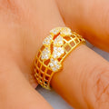 Checkered Leaf 22k Gold CZ Ring