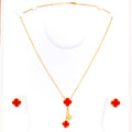 Decorative Deep Red Carnelian Clover 21k Gold Necklace Set