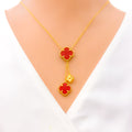Decorative Deep Red Carnelian Clover 21k Gold Necklace Set