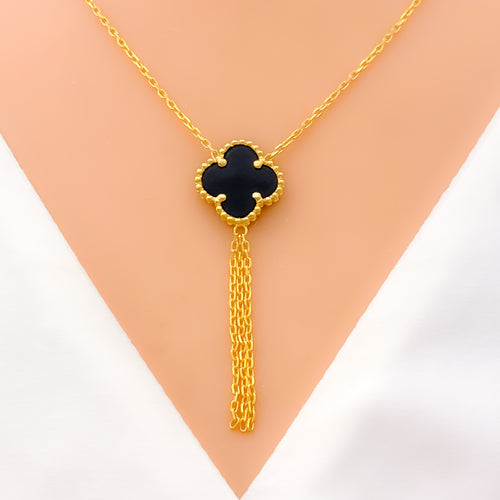 Majestic Black Onyx 21k Gold Clover Necklace Set w/ Gold Tassels