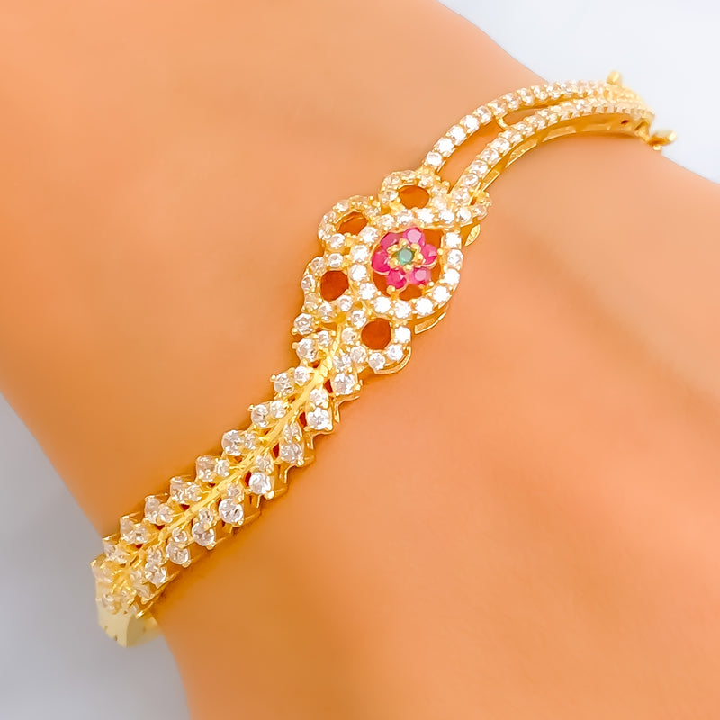 Glistening Floral 22k Gold CZ Bangle Bracelet