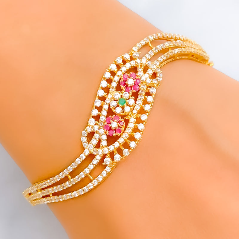 Trendy Triple Flower 22k Gold CZ Bangle Bracelet