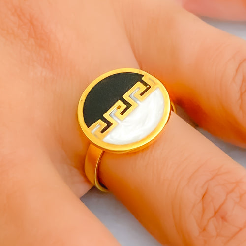 Stately Enamel 21k Gold CZ Ring