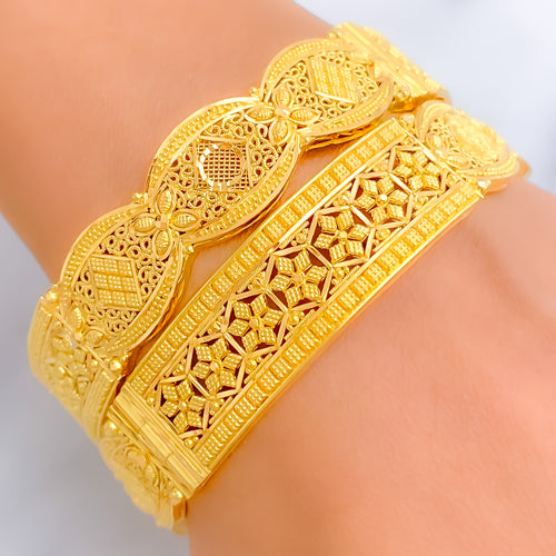 Palatial Floral Netted 22k Gold Screw Bangle Pair