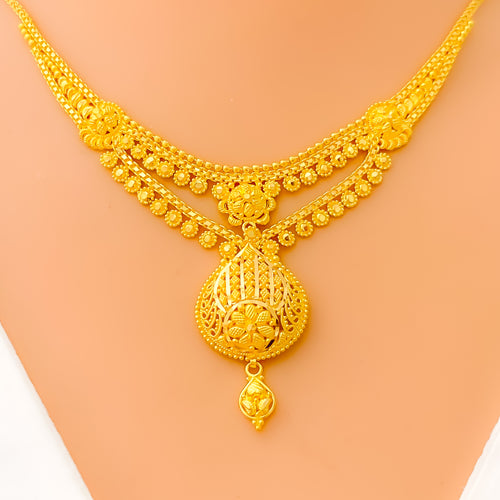 Delightful Detailed Drop 22k Gold Necklace Set 