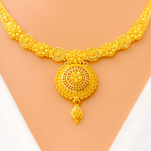 Charming Dome Flower 22k Gold Necklace Set 