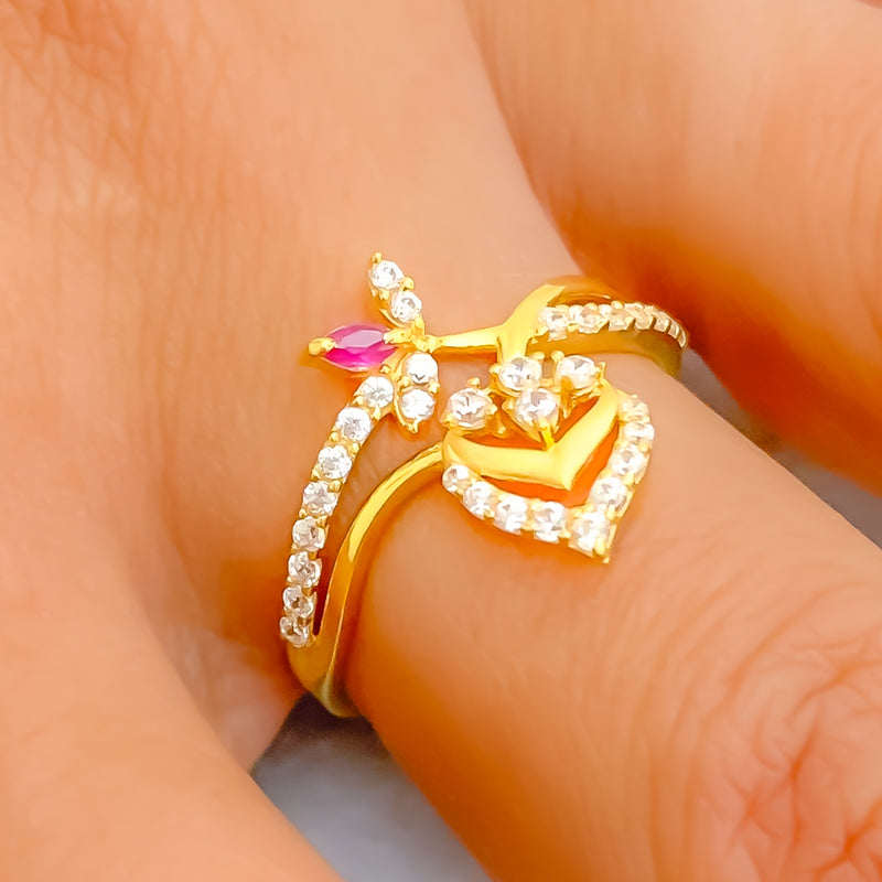 Adorned Leaf 22k Gold CZ Ring