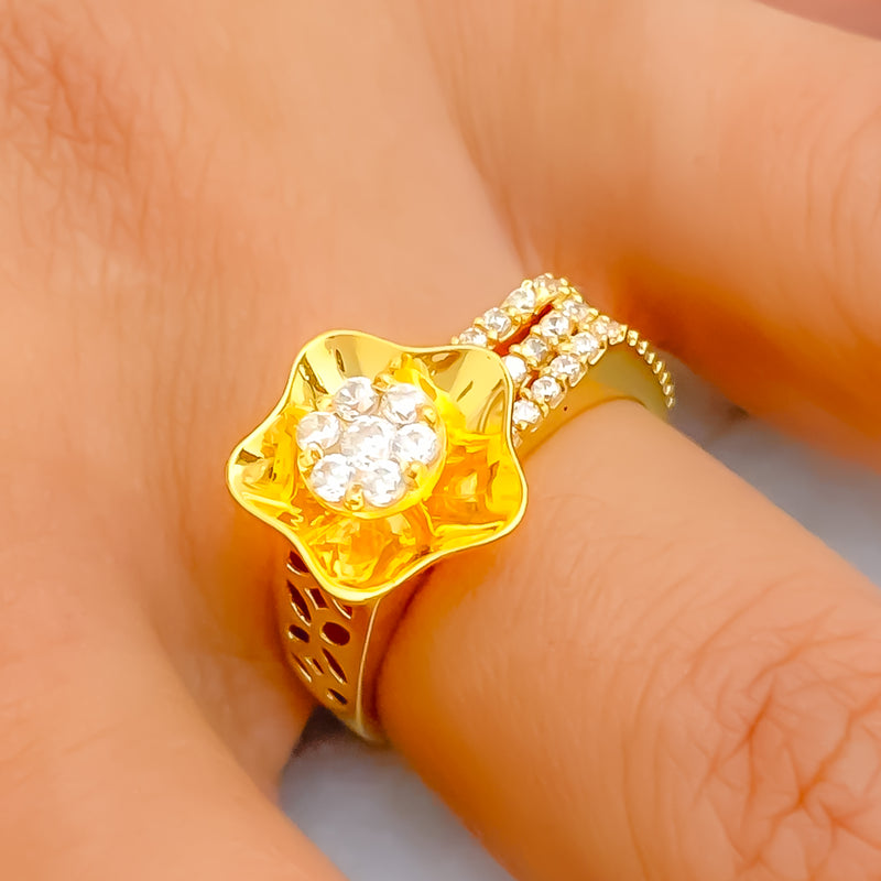 Chic Floral 22k Gold CZ Ring