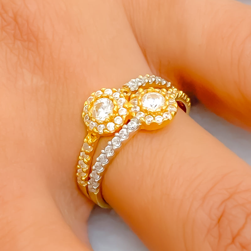 Overlapping Twin Flower 22k Gold CZ Ring