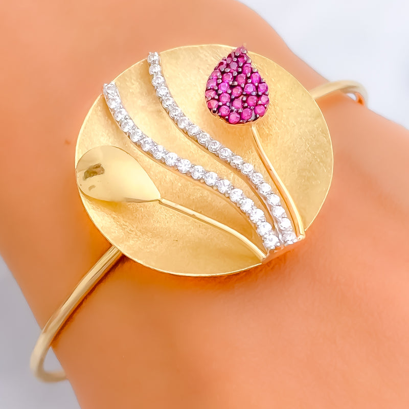 Iconic Couture Leaf Accented 18k Gold CZ Bangle Bracelet