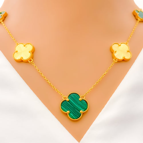 Charming Clover Malachite 21K Gold Necklace Set 