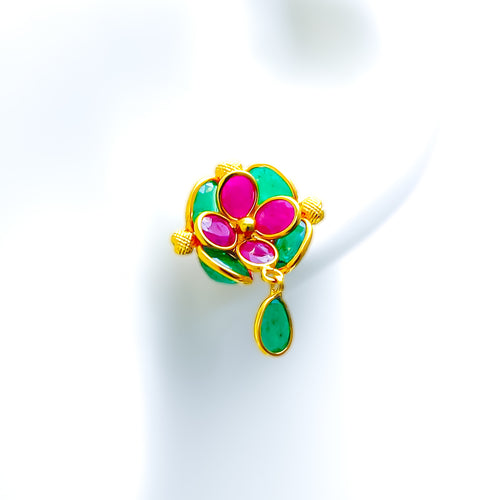 Dangling Floral 22k Gold Ruby Emerald Earrings