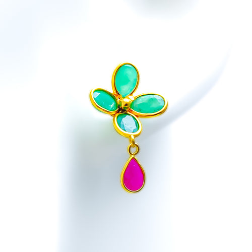Charming Floral 22k Gold Ruby Emerald Earrings 