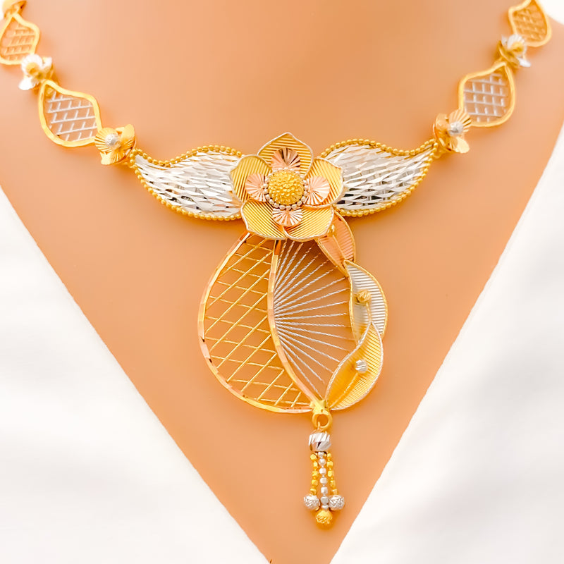 Multi Tone Netted Leaf 22k Gold Necklace Set