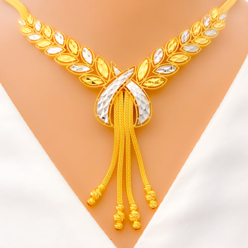 Reflective Textured Leaf 22k Gold Necklace Set