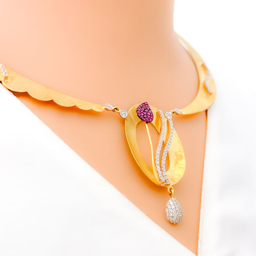 Pink CZ Leaf Adorned 18K Gold Necklace Set