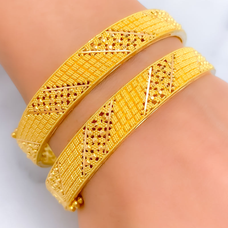 Lovely Beaded Diagonal Checkered 22k Gold Bangle Pair