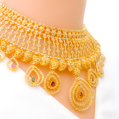 Extravagant Paisley Adorned 22k Gold Polki Choker Necklace Set