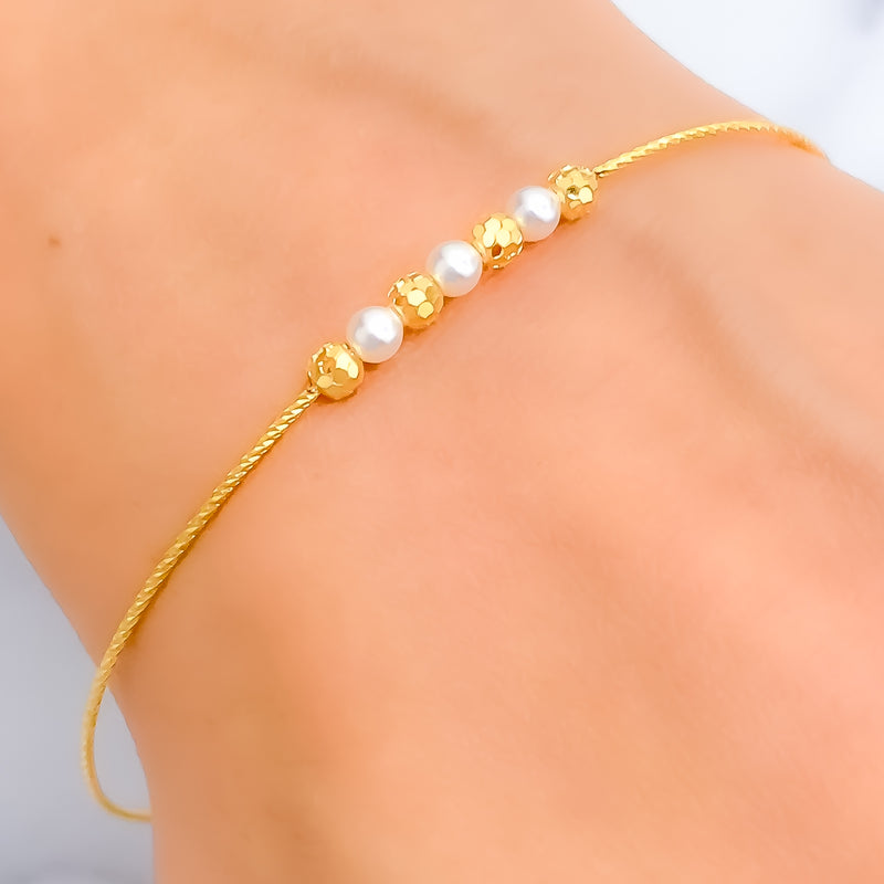 Delicate Disco Orb 22k Gold Flexi Bangle Bracelet W/Pearl