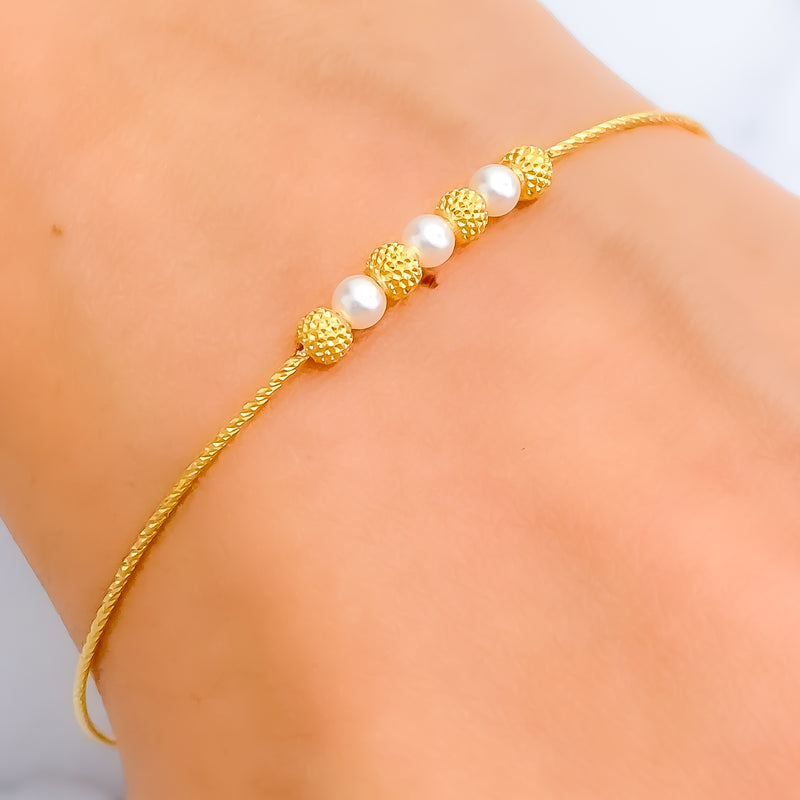 Lovely Shimmering Orb 22k Gold Flexi Bangle Bracelet W/Pearl 