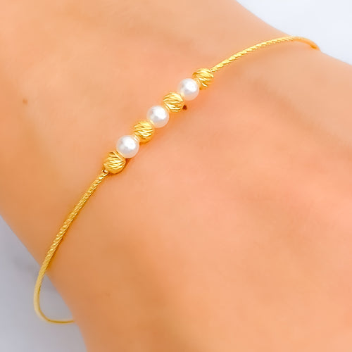 Sparkling Striped 22k Gold Flexi Bangle Bracelet W/Pearl 